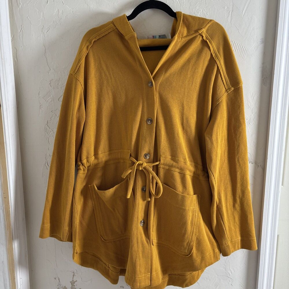 Free People Mustard Yellow Hooded Button Cardigan